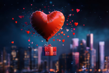 Heart-shaped balloon and gift box in romantic cityscape at night.の写真素材