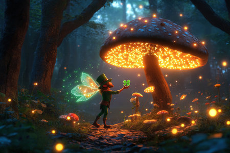 Enchanted forest fairy with magical mushroom and glowing shamrock.の写真素材