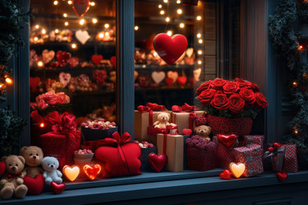 Cozy valentine's display with heart decorations and gifts in storefront window.の写真素材
