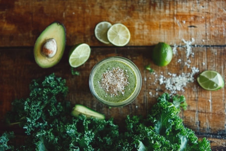 Healthy green smoothie with kale, avocado, and lime on rustic wooden table.