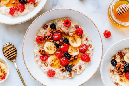 Delicious oatmeal breakfast with bananas, raspberries, nuts, and honey.