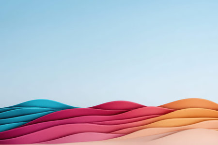 Abstract waves of colorful sand dunes under clear blue sky.の写真素材