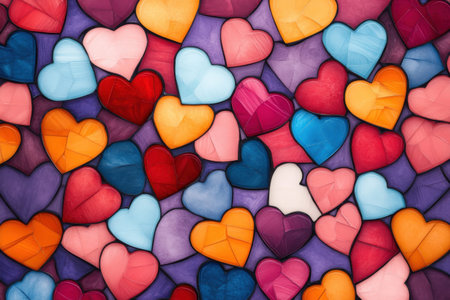 Colorful heart-shaped pattern with multicolored paper hearts on vibrant background.