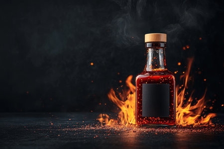 Fiery hot sauce bottle with flames and smoke on dark background.の写真素材