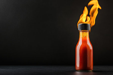 Fiery hot sauce bottle with flames against dark background.の写真素材