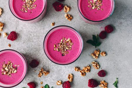 Delicious raspberry smoothie with nut topping and fresh berries.の写真素材