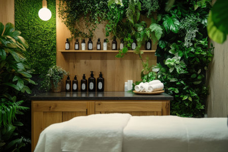 Tranquil spa interior with natural greenery and skincare products display.