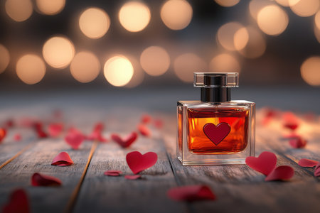 Romantic perfume bottle with heart design surrounded by red petals on wooden surface.の写真素材