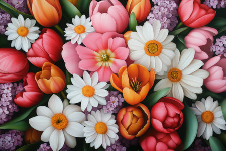 Vibrant spring blooms: daisies, tulips, and lilacs in full color.の写真素材