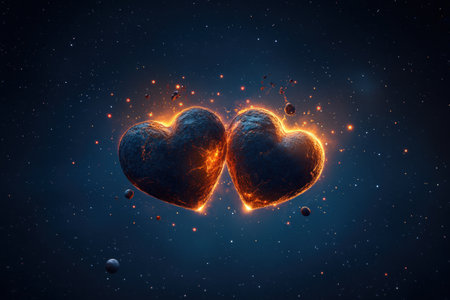 Fiery cosmic hearts floating in space with sparkling stars and glowing heat.の写真素材