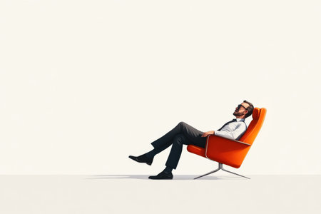 Young caucasian male relaxing in modern orange chair against minimalist background.の写真素材