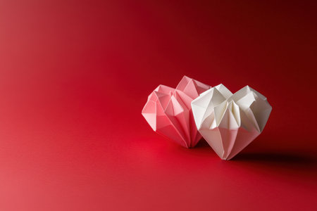 Origami hearts on red background symbolizing love and creativity.の写真素材