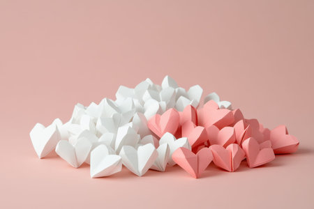 Folded origami hearts in white and pink on soft peach background.の写真素材