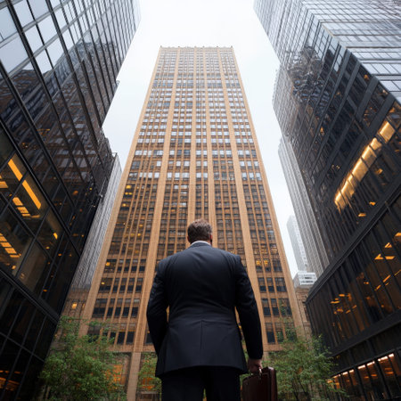 Businessman in suit viewing skyscrapers in urban cityscape.