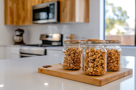 Jars of granola on kitchen counter with modern appliances in background.