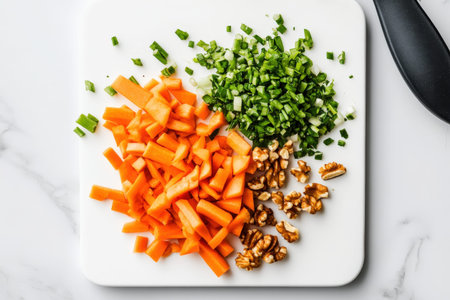 Chopped carrots, green onions, and walnuts on a cutting board.の写真素材