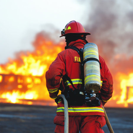 Caucasian male firefighter fighting blaze with protective gear and hose.の写真素材