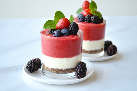 Berry parfait with fresh fruits and cream layers on white plates.の写真素材