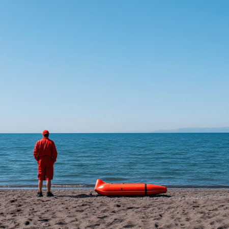 Lifeguard watching over beach with rescue float on a clear day.の写真素材