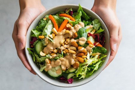 Fresh mixed salad with nuts and peanut dressing held in hands.の写真素材