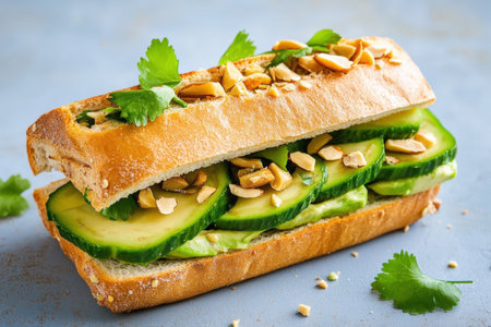 Fresh vegetarian baguette sandwich with cucumber and almonds on rustic table.の写真素材