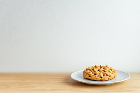 Delicious peanut cookie on white plate over wooden table with minimalist background.の写真素材