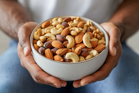 African young adult holding bowl of mixed nuts including cashews and almonds.の写真素材