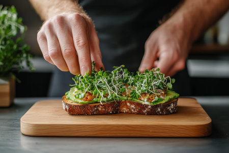Adult caucasian male preparing avocado toast with microgreens on wooden board.の写真素材