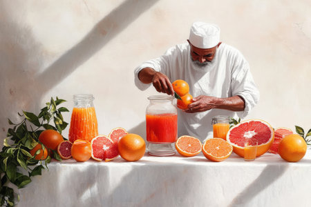 Elderly african male juicing grapefruits and oranges on a sunny table.の写真素材