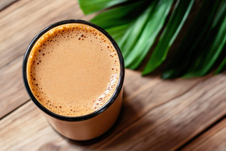 Creamy coffee in black mug on wooden table with green leaf accent.の写真素材