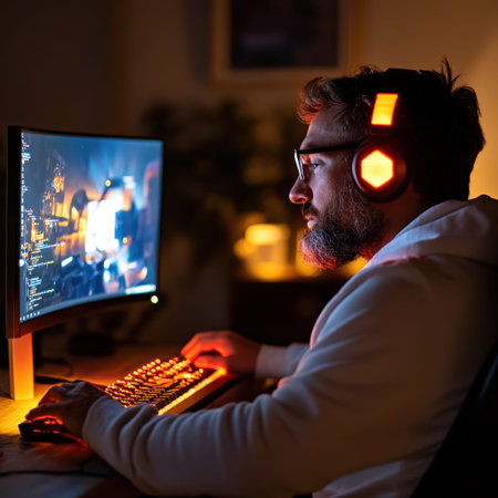 Young caucasian male gaming at night with headphones and monitor.