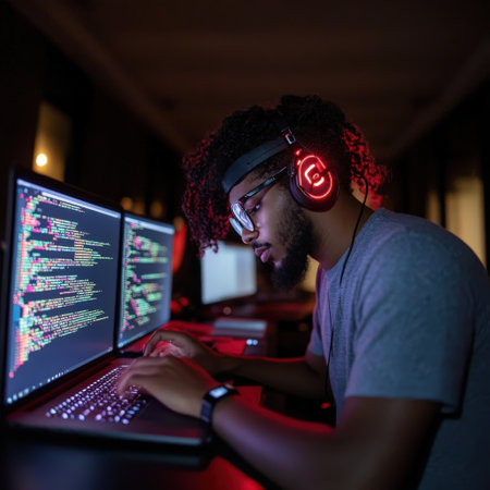 African male programmer coding at night with headphones in a dark room.の写真素材