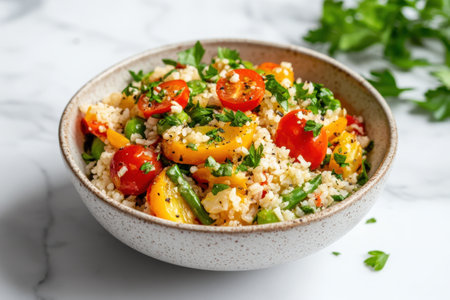 Fresh vegetable couscous salad with tomatoes and peppers.の写真素材