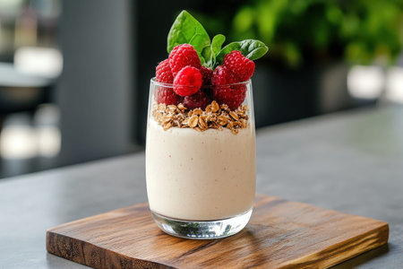 Creamy yogurt parfait with granola, fresh raspberries, and mint leaves on wooden board.