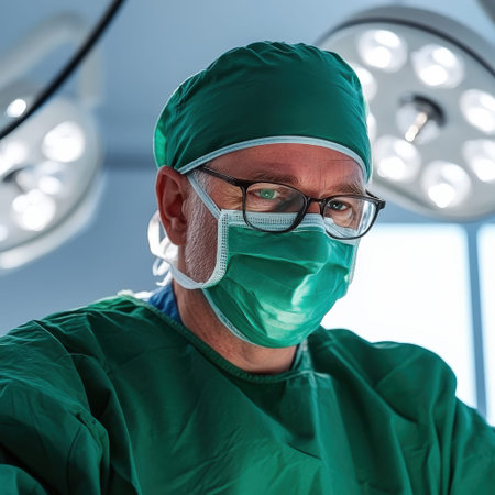 Surgeon in green scrubs performing procedure under surgical lights.