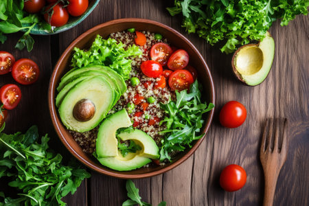 Fresh vegan salad bowl with avocado, quinoa, and cherry tomatoes on wooden table.の写真素材