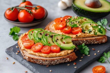 Delicious avocado and tomato sandwich on whole grain bread with hummus and seeds.