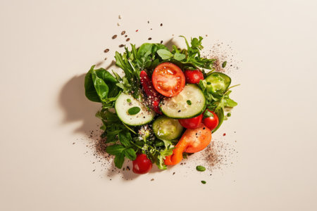 Fresh vegetable salad with tomatoes, cucumber, and leafy greens on light background.の写真素材