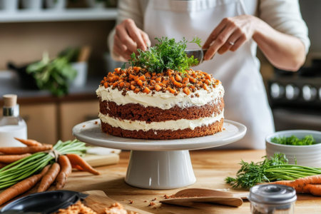 Woman preparing rustic carrot cake with cream cheese frosting in kitchen.の写真素材