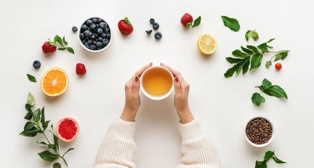Female hands holding tea with fruits, berries, and greenery on white background.の写真素材