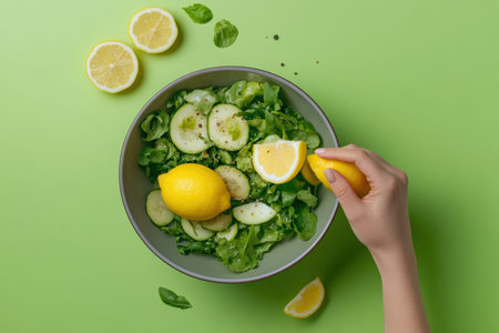 Fresh green salad with lemons on vibrant green background.