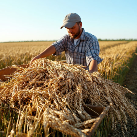 Caucasian male farmer harvesting wheat in field under sunny sky.の写真素材