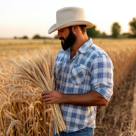 Young hispanic male farmer inspecting wheat in field at sunset.の写真素材