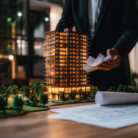 Architectural model of illuminated building with planning documents at night.の写真素材