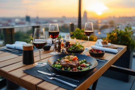 Elegant rooftop dinner at sunset with wine and gourmet steak in urban setting.の写真素材