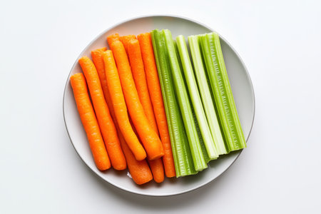 Fresh carrots and celery sticks on white plate.の写真素材
