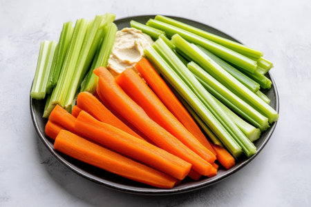 Fresh carrots and celery sticks with hummus on black plate.の写真素材
