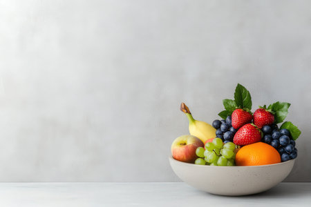 Fresh fruit bowl with strawberries, grapes, bananas, blueberries, orange, and apple on a table.の写真素材