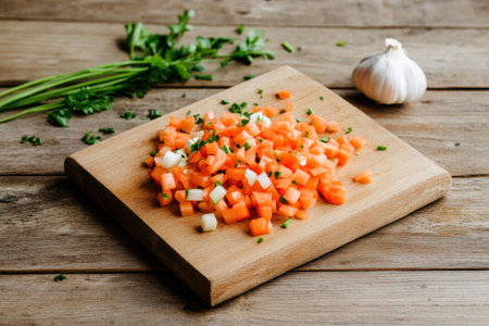 Freshly chopped carrots and parsley on wooden cutting board with garlic.の写真素材
