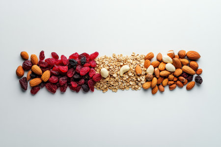 Colorful arrangement of nuts, berries, and grains on white background.の写真素材
